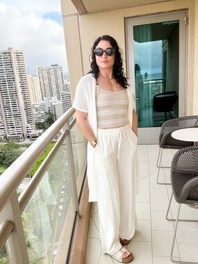 Ivory Linen Blend Wide Leg Drawstring Pants